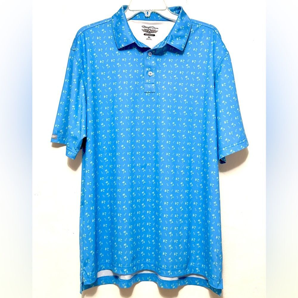 Straight Down SD Performance Golf Polo Blue With Green Palm Trees Pineapples XL
